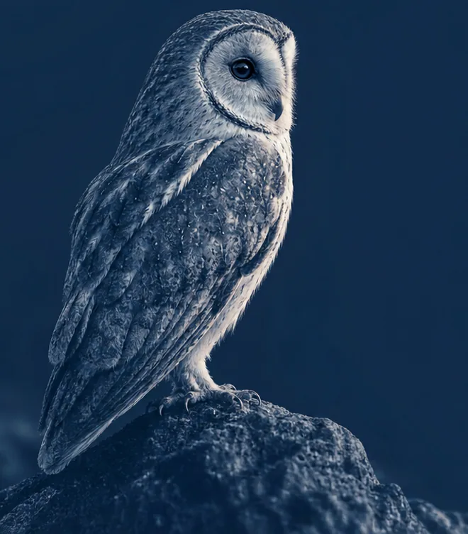 Barn owl perched on a rock